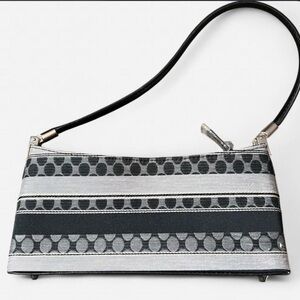 Vintage Black and Silver Small Handbag Striped and Circles faux leather